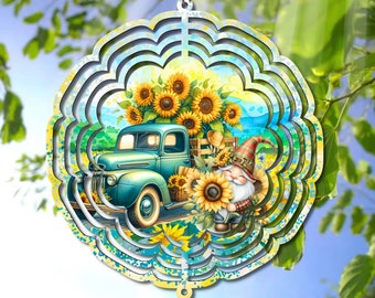 Gnome Wind Spinner PNG - Sunflowers and Vintage Truck Sublimation Design for Windspinner - Personal & Commercial Use - Digital Download