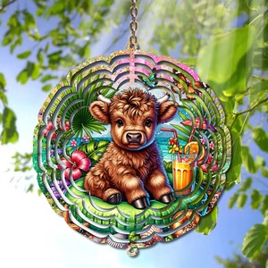 Diseño de sublimación Highland Cow Wind Spinner - Verano PNG para uso personal y comercial