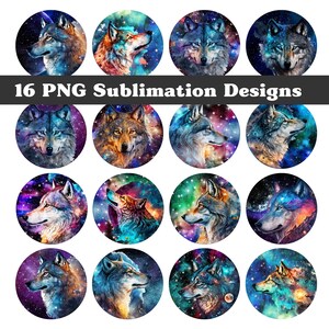 May include: 16 sublimation designs featuring a wolf with a galaxy background. The wolf is in various poses and colors, including blue, purple, green, and pink.