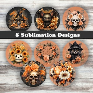 May include: Eight Halloween-themed sublimation designs featuring a variety of spooky and whimsical elements. The designs include a haunted house, a bat, a skull, a cat, sunflowers, and a dreamcatcher.