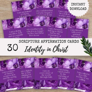 30 mini cartões de escrituras - Cartões de versículos bíblicos para memória de afirmação para impressão - Identidade em Cristo - para autocuidado, marcadores, presente cristão