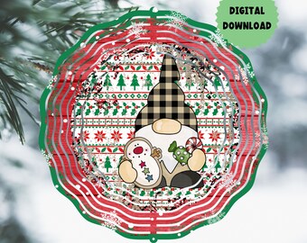 May include: A red and green Christmas gnome with a plaid hat holding a gingerbread cookie and candy cane. The gnome is on a red and green background with a distressed look.