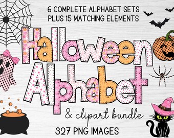 Halloween Letters Clipart Set - Doodle Alphabet PNG - Cute Pink Pastel Bundle for Personal and Commercial Use