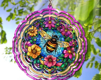 Bee Wind Spinner Sublimation Design - Colorful Floral Stained Glass PNG for Personal and Commercial Use - Printable Digital Download