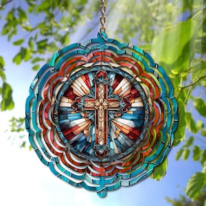 Christian Wind Spinner PNG, design a sublimazione a croce in vetro colorato maschile, download digitale per uso personale o commerciale