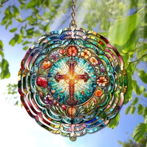Christian Wind Spinner PNG, disegni a sublimazione a croce di vetrate colorate, download digitale stampabile per uso personale o commerciale