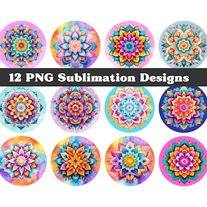 Paquete de posavasos para automóvil Mandala PNG: conjunto de 12 diseños de sublimación de posavasos redondos coloridos para uso personal y comercial