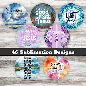 May include: A set of 10 round sublimation designs featuring Christian themes. The designs include watercolor backgrounds, floral patterns, and inspirational quotes. The designs are perfect for creating custom mugs, coasters, and other personalized gifts.