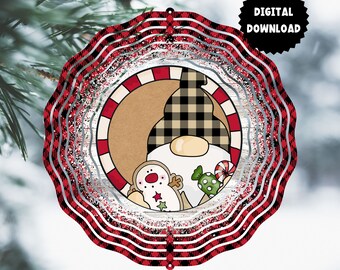 May include: Red and black plaid metal wind spinner with a white and brown gnome and candy canes. The gnome is wearing a black and white plaid hat.