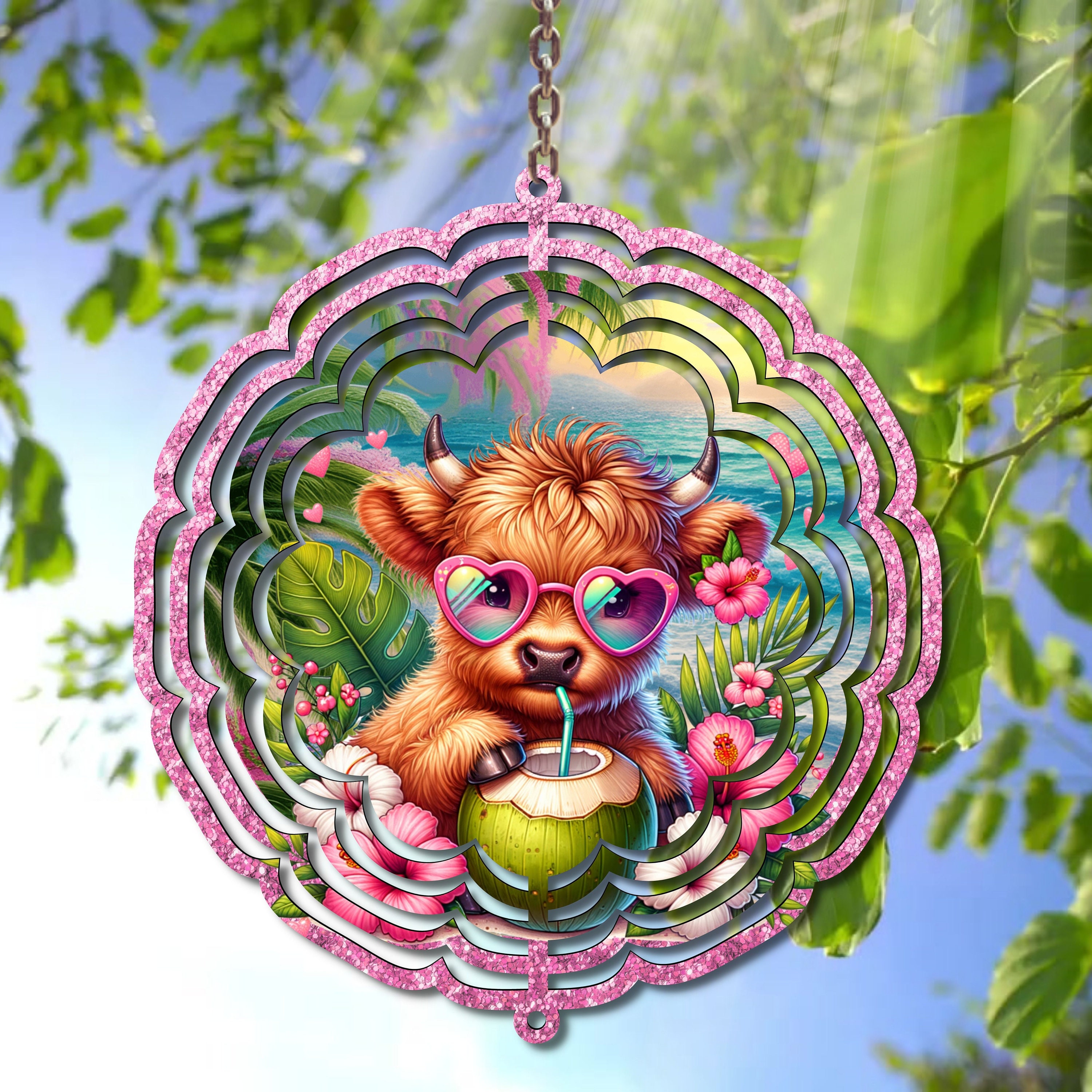 Highland Cow Wind Spinner Sublimation Design - Summer PNG for Personal and Commercial Use