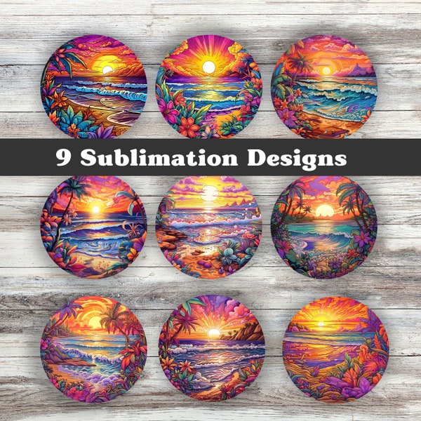 Beach Car Coaster PNG Bundle - Set of 9 Bright Tropical Ocean Sunset Round Phone Grip Sublimation Designs for Personal and Commercial Use