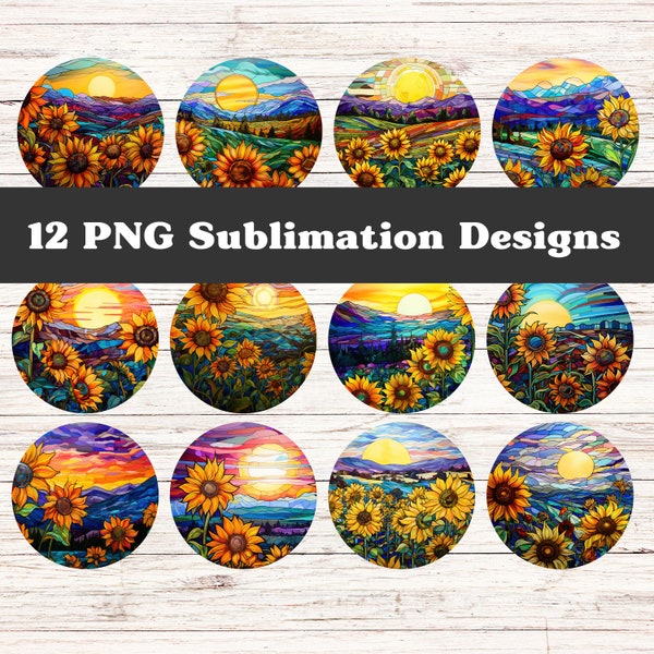 Sunflower Car Coaster PNG - Bundle of 12 Sunset Floral Stained Glass Round Phone Grip Sublimation Designs for Personal and Commercial Use