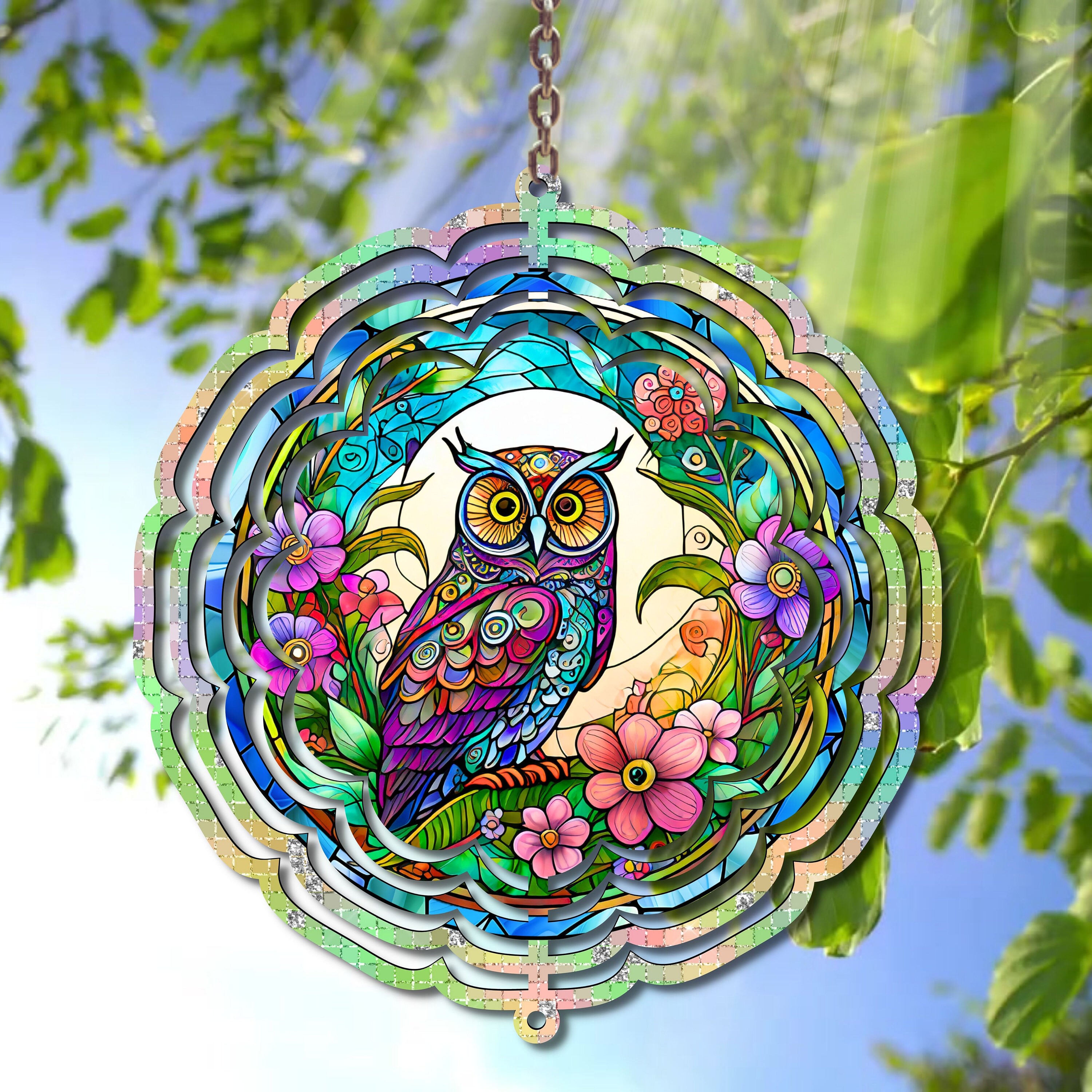 Owl Wind Spinner Sublimation Design - Colorful Stained Glass PNG for Personal and Commercial Use - P