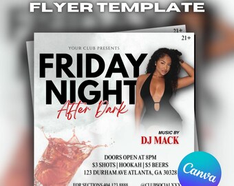 May include: Digital flyer template with the text "FRIDAY NIGHT After Dark". The flyer includes a photo of a woman, a cocktail splash, and event details. The flyer is for a club event and includes the text "DJ MACK".