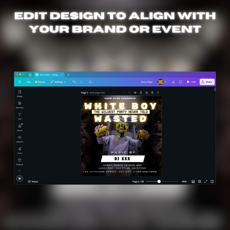 May include: A computer screen displays a party flyer design. The flyer features the text "WHITE BOY THE WILDEST PARTY NEVER TOLD WASTED" with a graphic of a person. The flyer also includes event details and DJ information.