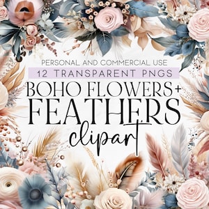 12 Imágenes Prediseñadas de ramo de plumas de flores Boho, imágenes prediseñadas de flores de acuarela de ramo Boho, imágenes prediseñadas de uso comercial, imágenes prediseñadas PNG, imágenes prediseñadas de boda Boho