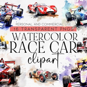 16 Watercolor Race Car Clipart, Commercial Use Clipart, Transparent PNG, Instant Download, Racing Car Clipart, Race Car Birthday Clipart PNG