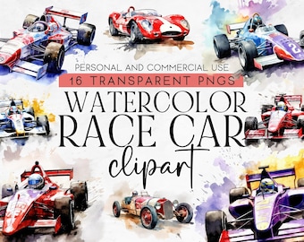 16 Aquarell Rennauto Clipart, kommerzielle Nutzung Clipart, transparentes PNG, sofortiger Download, Rennauto Clipart, Rennauto Geburtstag Clipart PNG