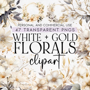 47 White and Gold Floral Clipart, White Flower Clipart, Wedding Flower Clipart, Wedding Florals PNG, Commercial Use Clipart, PNG Clipart