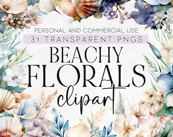 31 Beachy Florals, Clipart z muszlą morską, Bukiet kwiatów na plaży, Clipart ze ślubem na plaży, Clipart do użytku komercyjnego, Clipart PNG, Clipart z kwiatami boho