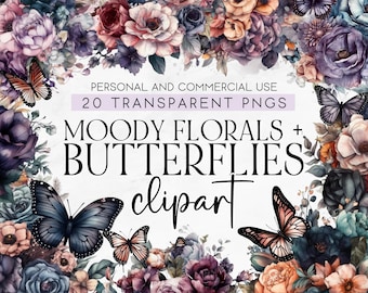 20 Dark Moody Florals mit Schmetterlingen Clipart, kommerzielle Nutzung Clipart, transparent PNG, Dark Floral Clipart, Moody Florals, Dark Florals