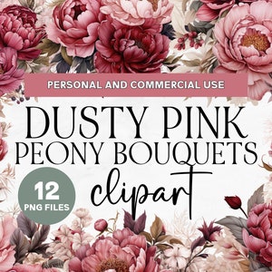 12 Dusty Pink Peony Clipart, Commercial Use Clipart, Pink Peonies Clipart, Dusty Pink Floral Clipart, Pink Wedding Clipart, PNG Clipart
