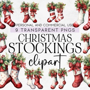 9 Christmas Stockings Clipart, Commercial Use Clipart, Transparent PNG, Christmas Clipart, Cozy Christmas Clipart, Christmas Decoration PNG