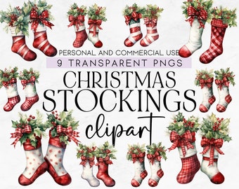 9 Christmas Stockings Clipart, Commercial Use Clipart, Transparent PNG, Christmas Clipart, Cozy Christmas Clipart, Christmas Decoration PNG