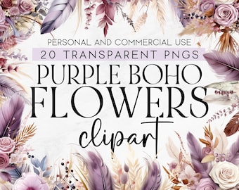20 Purple Boho Flowers and Feathers Clipart, Purple Boho PNG, Boho Floral Clipart, Commercial Use Clipart PNG Clipart, Boho Wedding Clipart