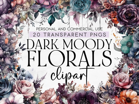 20 Dark Floral Clipart, Dark and Moody Florals, Commercial Use Clipart, PNG Clipart, Halloween Florals, Dark Wedding Flowers for Invitation