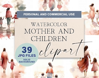 Liebende Mama Clipart | Mutter und Kinder Clipart | Kommerzielle Nutzung Clipart | Muttertag Aquarell Clipart | Muttertag druckbares Bild