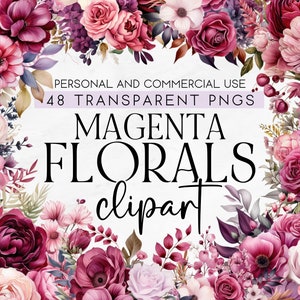 48 Magenta Flowers Clipart, Wedding Clipart, Wedding Flowers, Commercial Use Clipart, Transparent PNG, Instant Download, Magenta Floral PNG