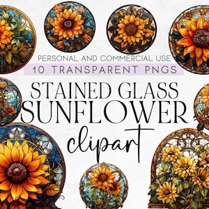 10 Sunflower Stained Glass Clipart, Commercial Use Clipart, Transparent PNG, Instant Download, Stained Glass Sunflower PNG, Sunflower PNG