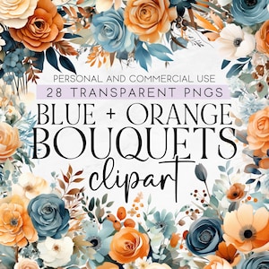 28 Blue and Orange Wedding Bouquet Clipart, Blue and Orange Flower Clipart, Commercial Use Clipart, PNG Clipart, Blue Floral Clipart PNG