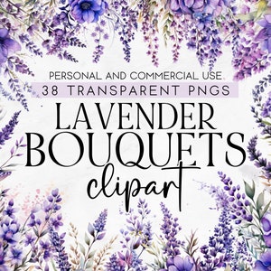 30 Watercolor Lavender Floral Bouquet Clipart, Wedding Clipart, Wedding Flowers, Commercial Use Clipart, Transparent PNG, Instant Download,