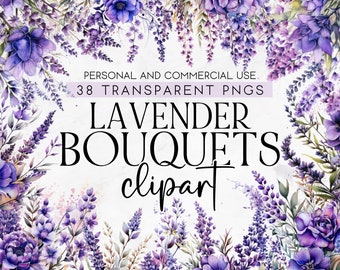 30 Watercolor Lavender Floral Bouquet Clipart, Wedding Clipart, Wedding Flowers, Commercial Use Clipart, Transparent PNG, Instant Download,