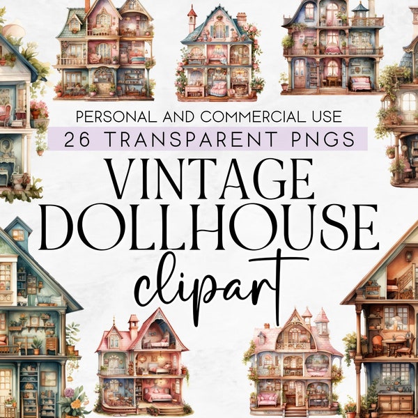 26 Vintage Dollhouse Clipart, Commercial Use Clipart, Transparent PNG, Instant Download, Victorian Dollhouse Clipart, Victorian Clipart, PNG