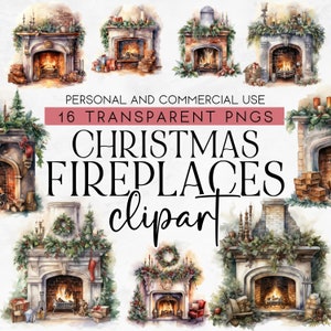 16 Watercolor Christmas Fireplace Clipart, Christmas Home Scene Clipart, Cozy Christmas Clipart, Commercial Use Clipart, Christmas PNG