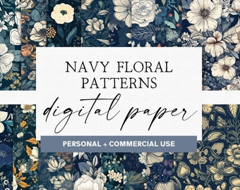 May include: A collection of navy floral patterns for digital paper. The designs feature various floral arrangements in shades of navy, cream, and gold. The text reads "NAVY FLORAL PATTERNS digital paper PERSONAL + COMMERCIAL USE".