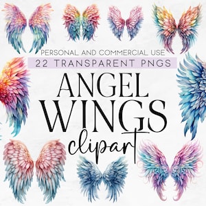 22 Angel Wings Clipart Bundle, Angel Wing Clipart, Angel Wing PNG, Watercolor Angel Wings Clipart, Commercial Use Clipart, Transparent PNG