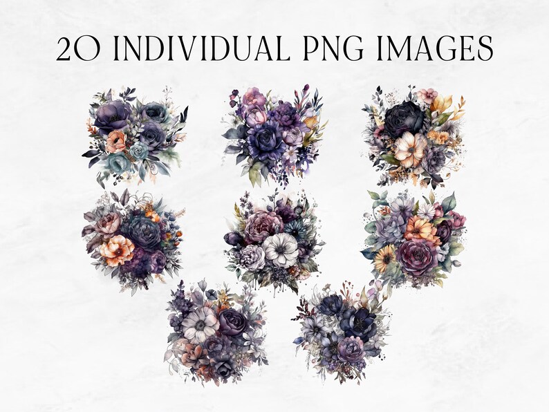 20 Dark Floral Clipart, Dark and Moody Florals, Commercial Use Clipart, PNG Clipart, Halloween Florals, Dark Wedding Flowers for Invitation image 4
