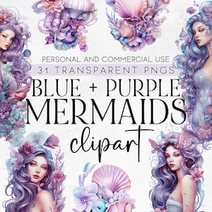 31 青と紫の人魚のクリップアート、水彩人魚のクリップアート、水彩人魚の PNG、人魚の誕生日のクリップアート、商用利用可能なクリップアート