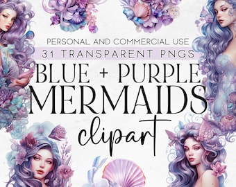 31 Blue and Purple Mermaids Clipart, Watercolor Mermaid Clipart, Watercolor Mermaid PNG, Mermaid Birthday Clipart, Commercial Use Clipart