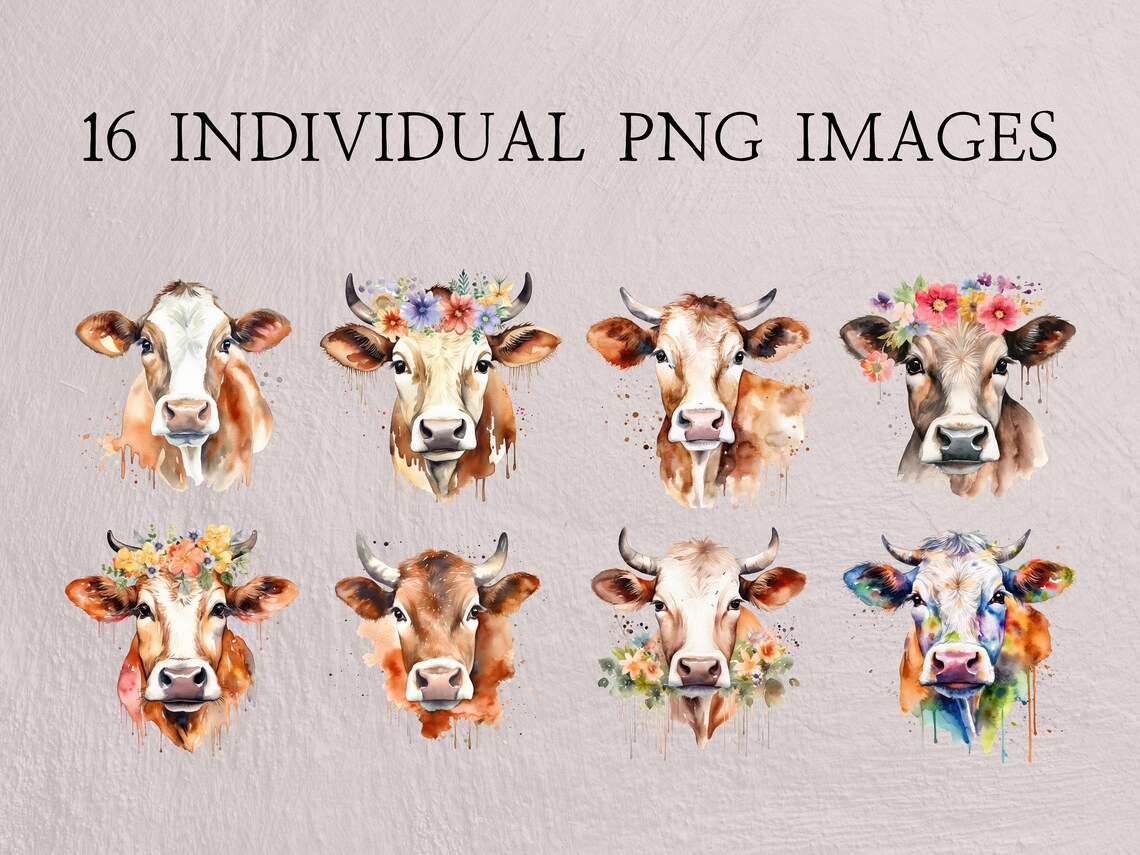 Cow Watercolor Clipart | Watercolor Cow and Flower Bundle Clipart | Cow ...