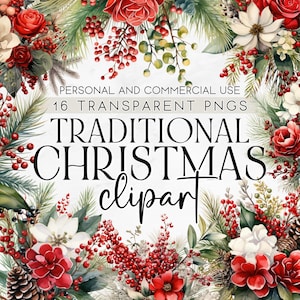 16 Traditional Christmas Floral Clipart, Christmas Floral Watercolor PNG, Christmas Flower Clip Art, Commercial Use Clipart, PNG Clipart