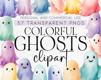 57 Watercolor Pastel Ghost Clipart, Cute Halloween Ghost Clipart, Commercial Use Clipart, PNG Clipart, Cute Ghost Clipart, Watercolor Ghost