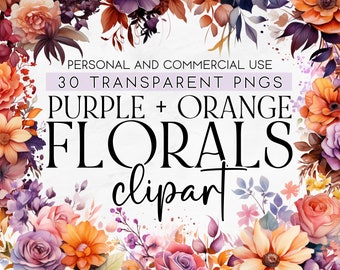 30 Purple and Orange Florals, Watercolor Floral Clipart, Commercial Use Clipart, PNG Clipart, Fall Wedding Florals, Bouquet Flowers Clipart