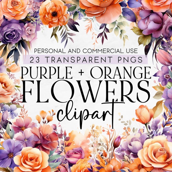 23 Soft Purple and Orange Watercolor Florals, Bouquet Flowers Clipart, Watercolor Flower Bouquet Fall Clipart, Commercial Use Clipart, PNG