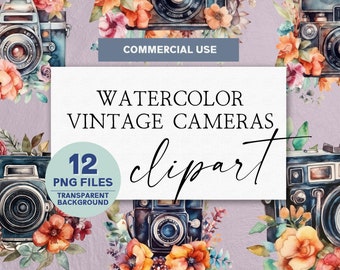 Vintage Camera Florals Clipart | Watercolor Vintage Camera Clipart | Commercial Use Clipart | Watercolor Clipart | Vintage Camera png
