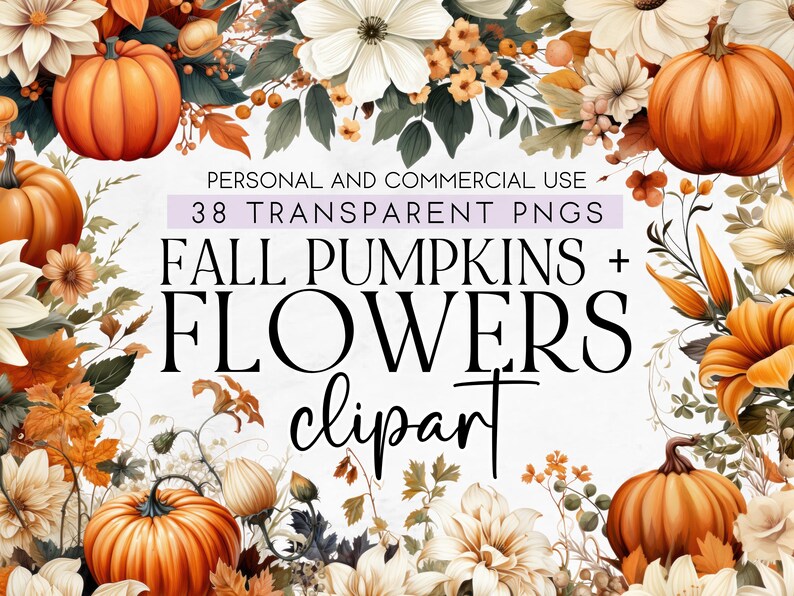 38 Pumpkin Flower Clipart, Fall Clipart, Autumn Watercolor Clipart ...